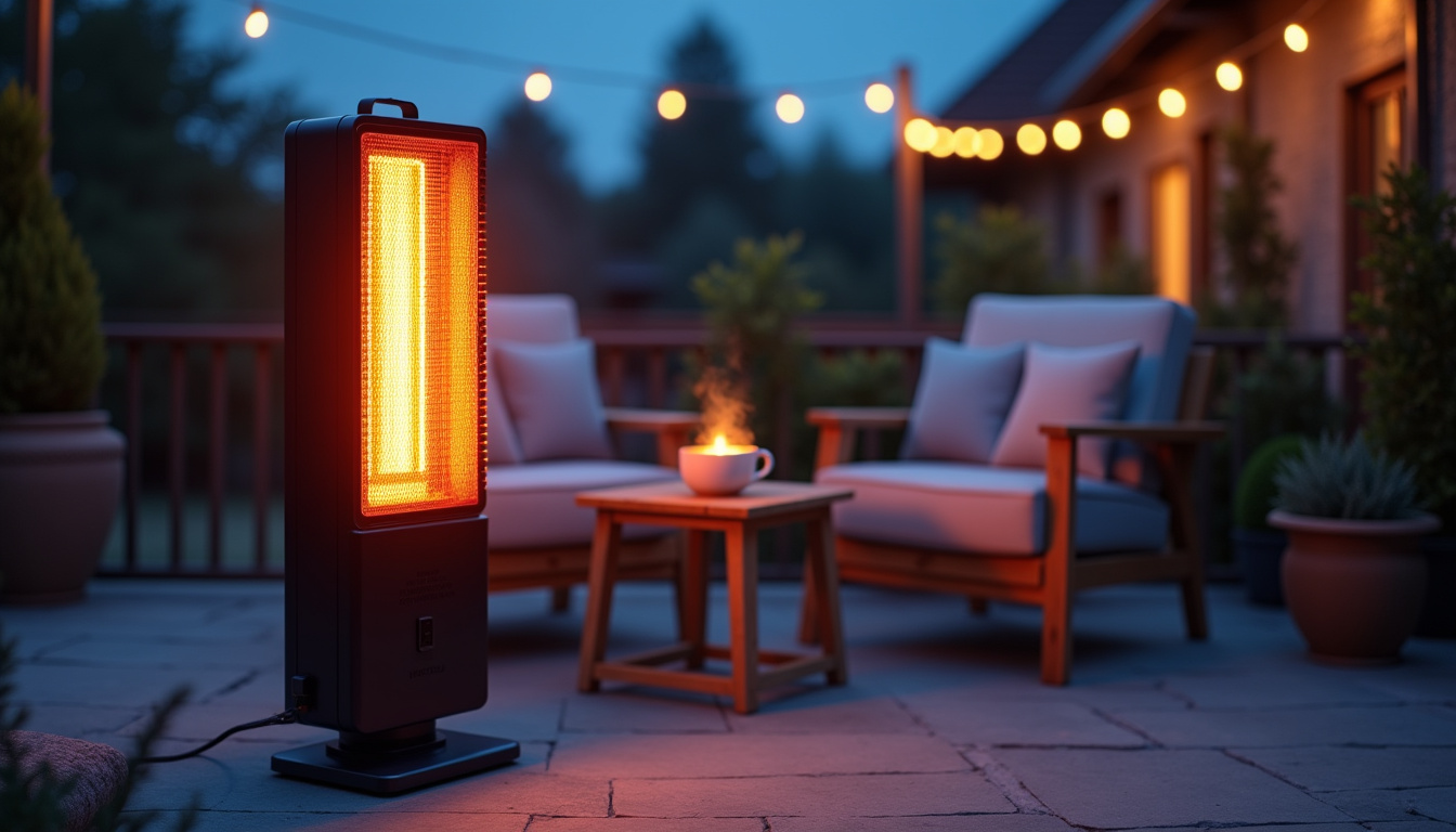 Chauffage de terrasse infrarouge en fonctionnement sur une terrasse en soirée