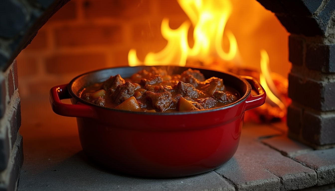 Cocotte en fonte émaillée contenant un ragoût mijotant lentement dans un four traditionnel