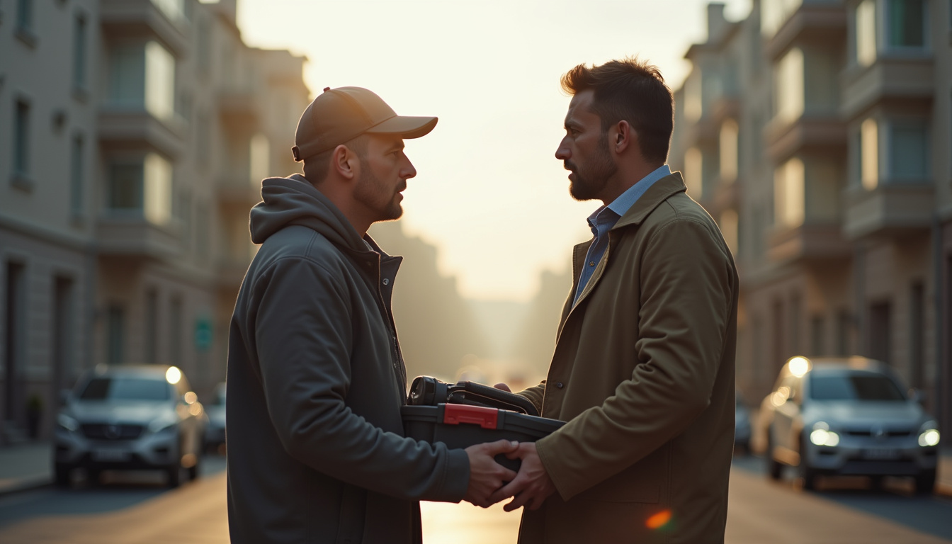 Deux voisins en désaccord devant un immeuble, l