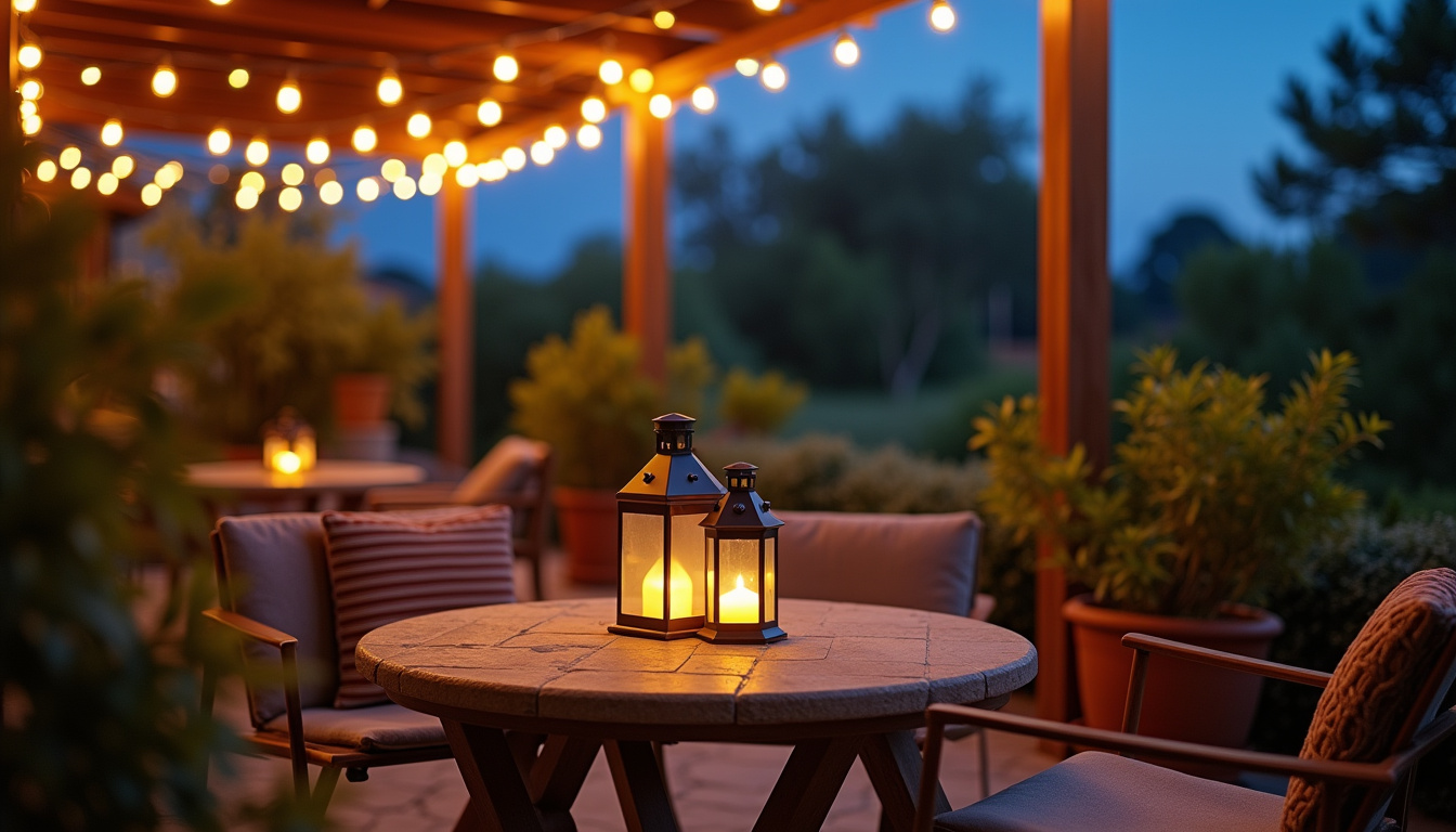 Guirlandes lumineuses solaires et lanternes sur une terrasse en soirée