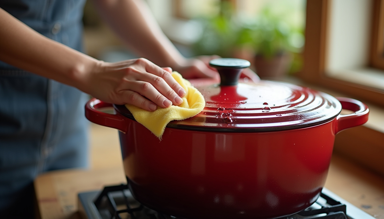Main nettoyant délicatement une cocotte en fonte émaillée avec une éponge douce et de l