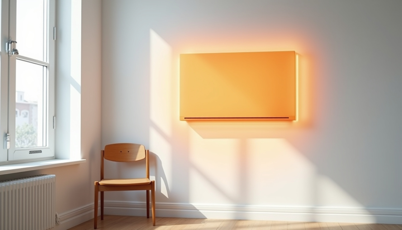 Panneau chauffant infrarouge installé en hauteur sur un mur, illustrant le rayonnement direct