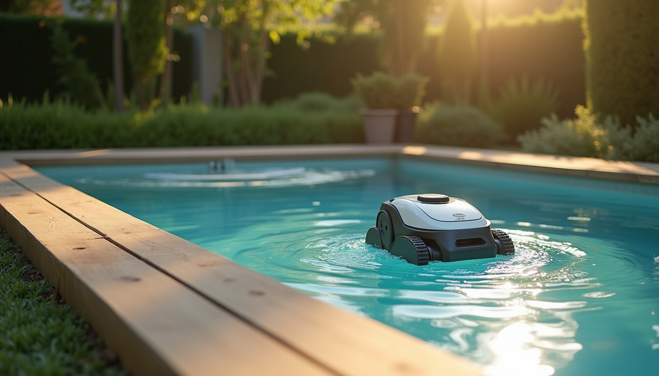 Piscine hors-sol en bois intégrée harmonieusement dans un jardin avec margelles naturelles et robot de nettoyage en action