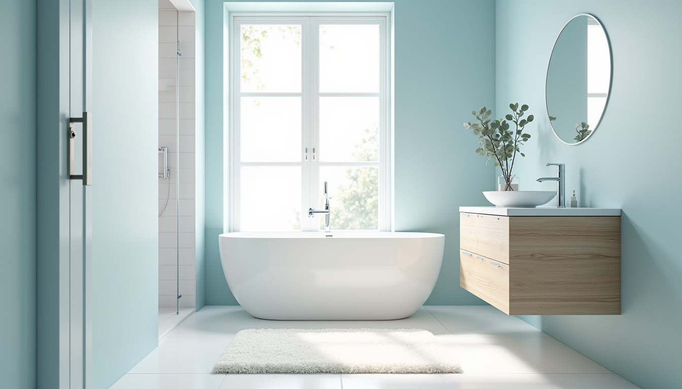 Salle de bain avec murs bleus et carrelage blanc, ambiance apaisante et lumineuse