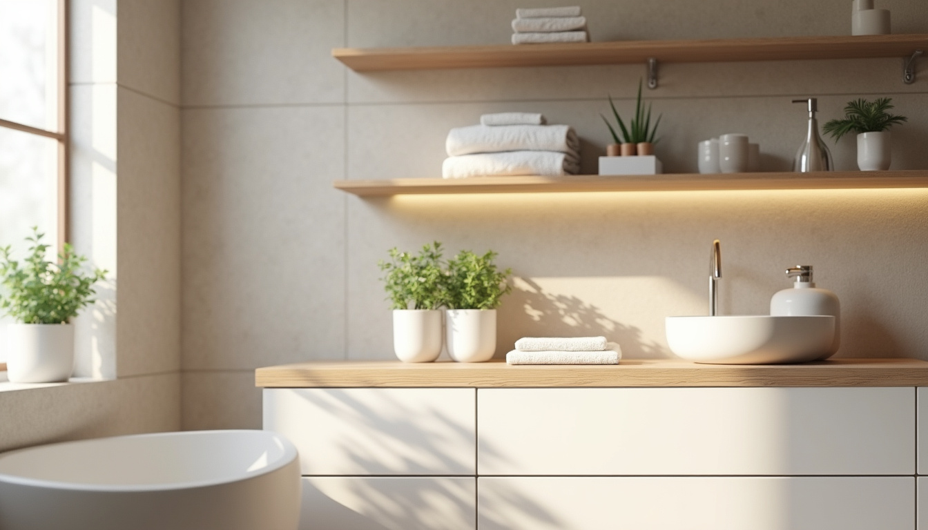 Salle de bain avec rangements intégrés, tiroirs profonds et étagères murales bien ordonnées