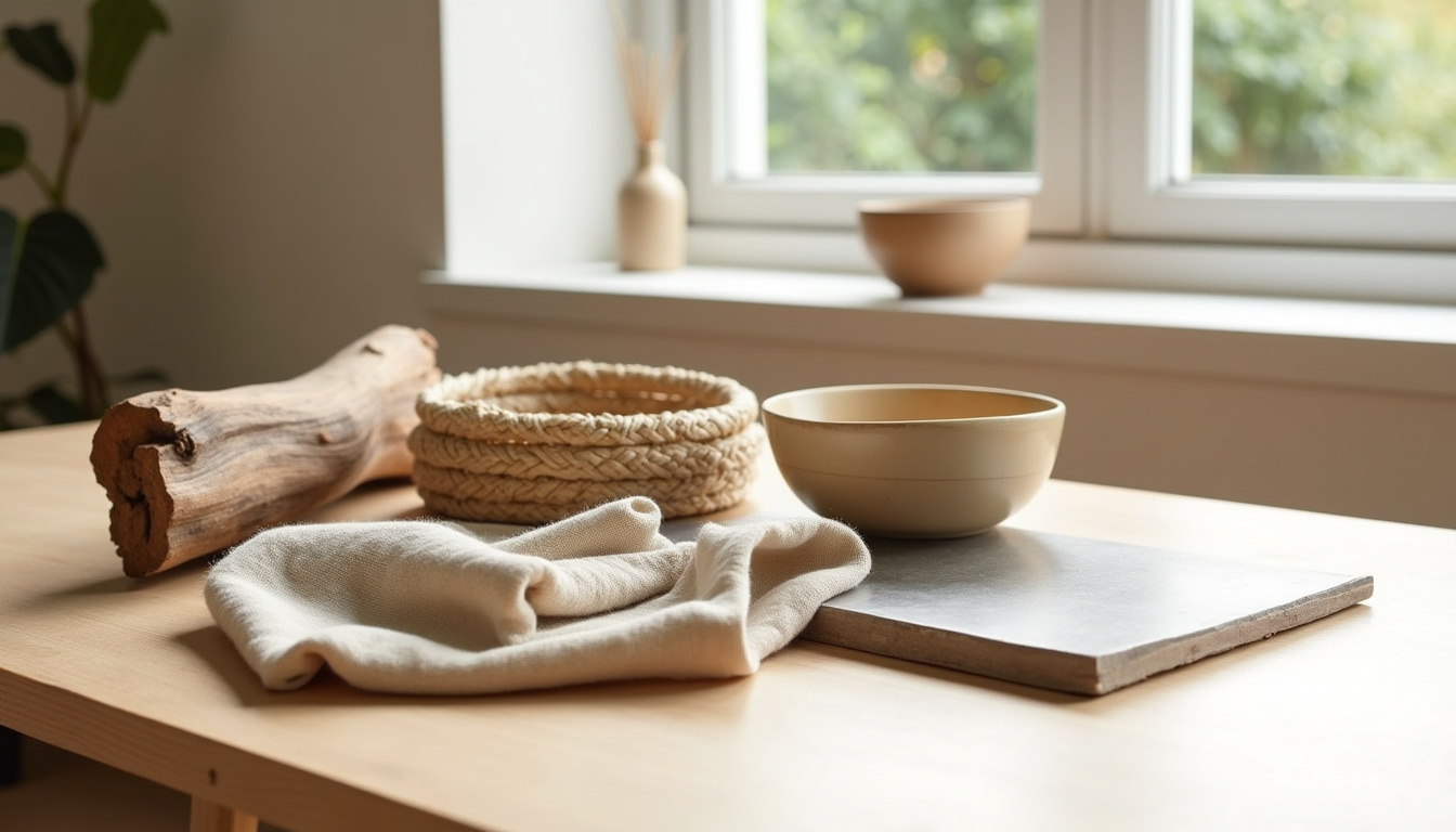 Sélection de matériaux naturels pour la décoration intérieure: bois, rotin, lin, céramique et métal brut disposés sur une table en contreplaqué clair