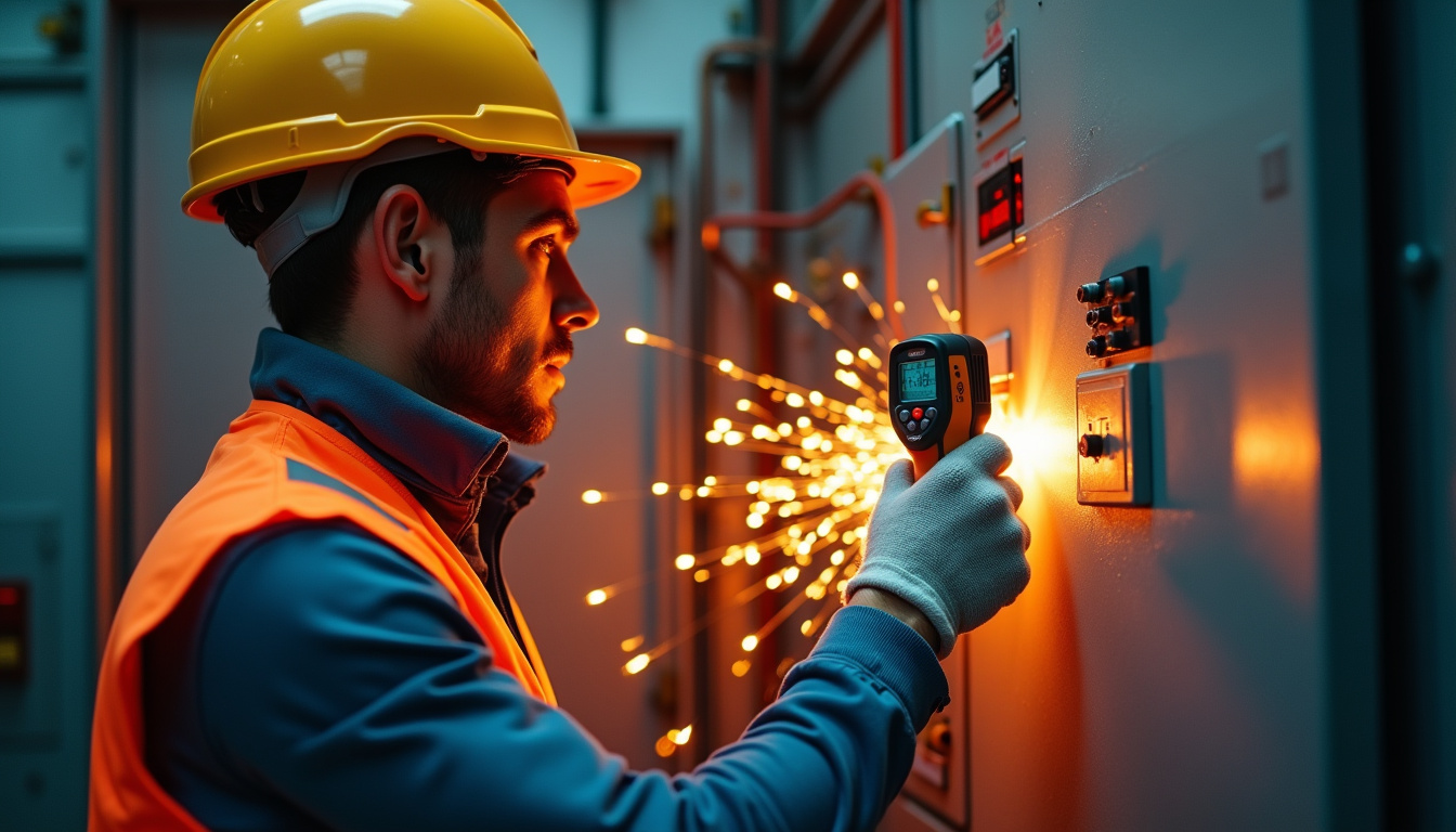 Technicien utilisant un thermomètre à infrarouge sur un tableau électrique en situation réelle